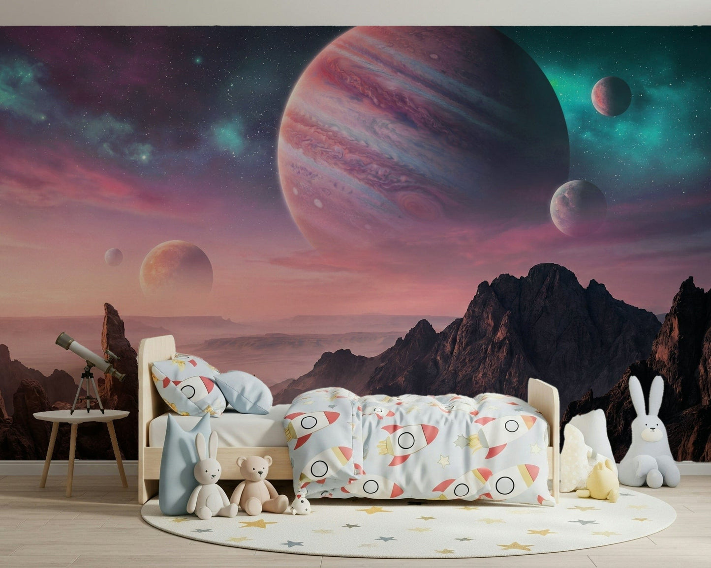 Cosmic canyon mural with purple and blue colors, modern bedroom wall decor accent