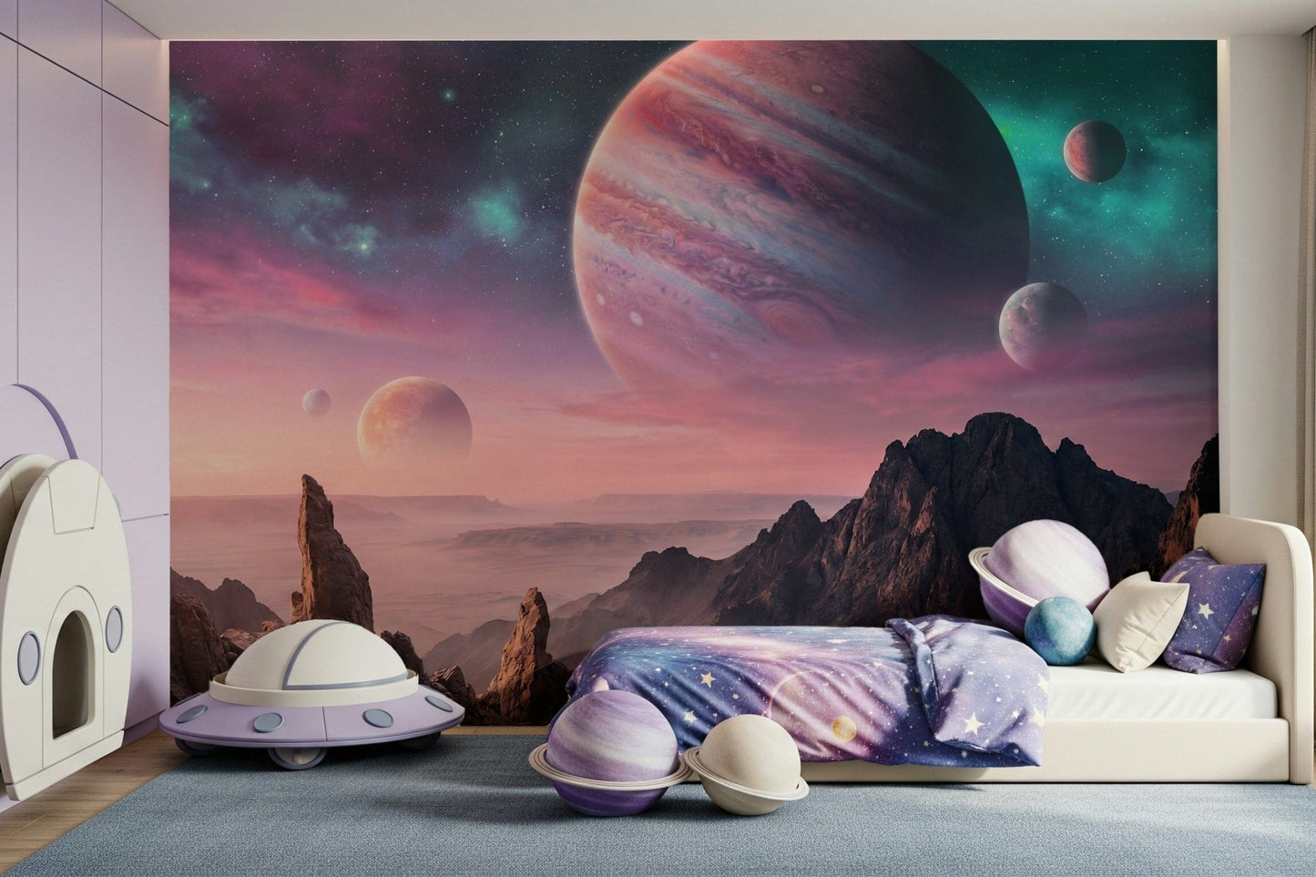 Starry night canyon mural in reading nook, modern chair, feature wall background