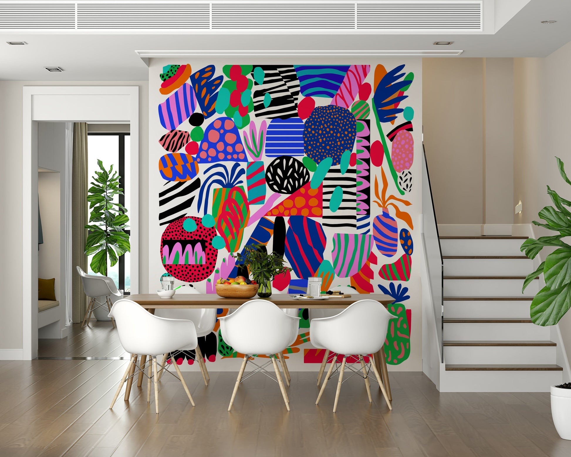 A serene abstract garden wall mural with stars and planets.