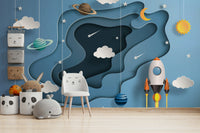 A full-wall mural of a serene space scene.

