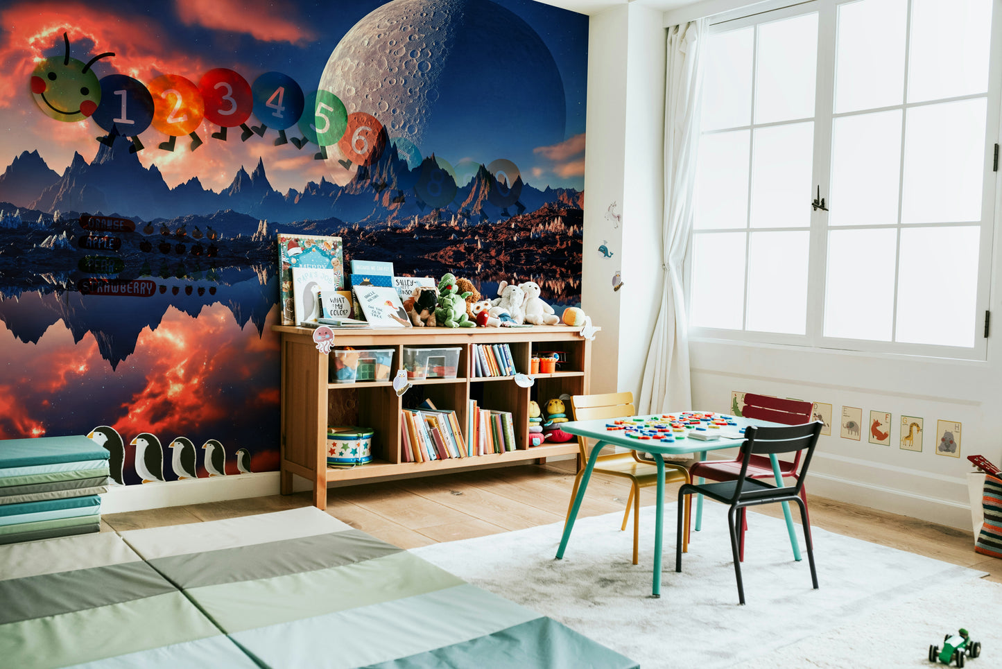 The wallpaper is perfect for a peaceful space.

