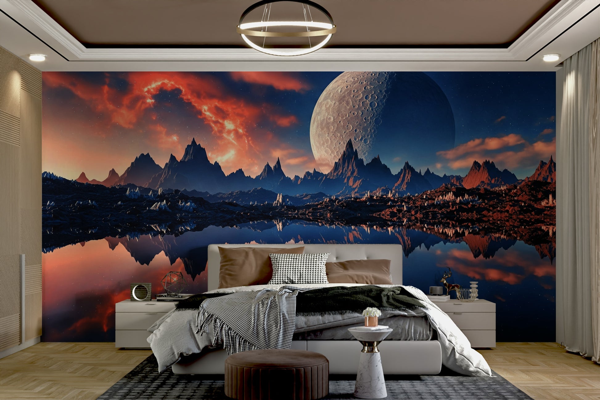 The mural shows a peaceful forest scene.

