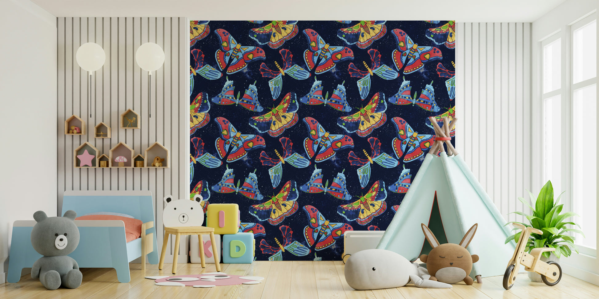 Mural wallpaper with moths and night sky symbols

