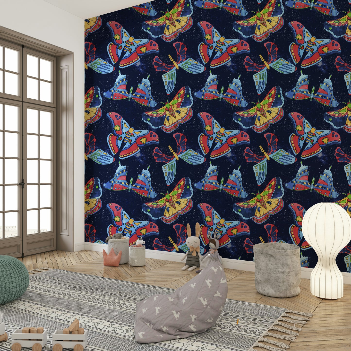 Cosmic Moths wall mural with celestial designs

