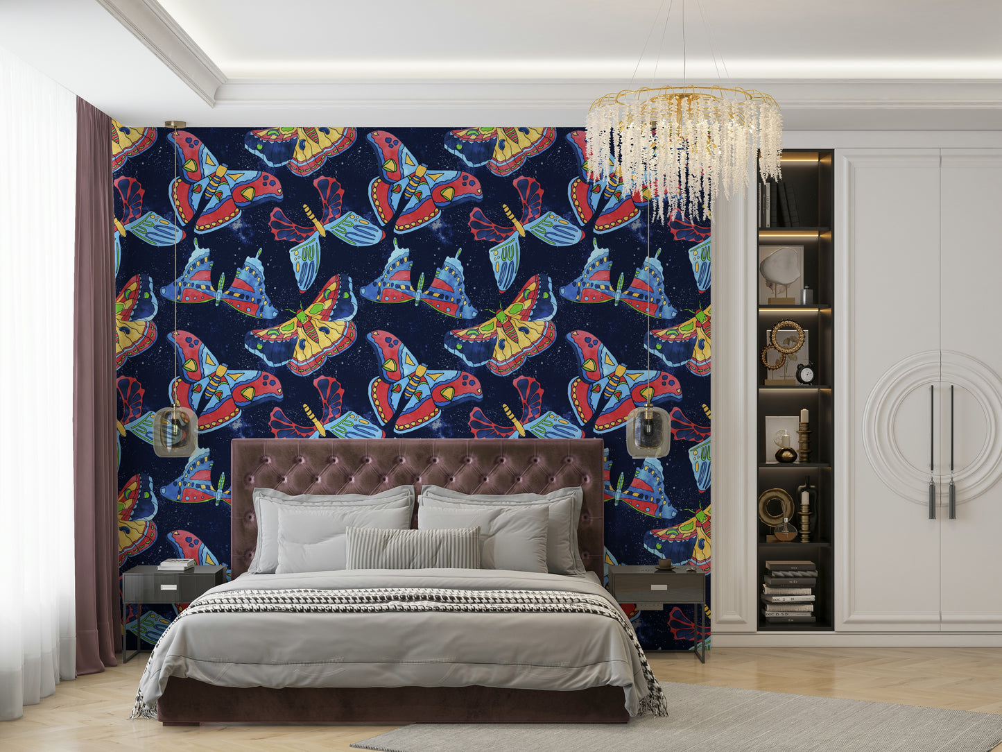 Bedroom with mystical moth wallpaper design

