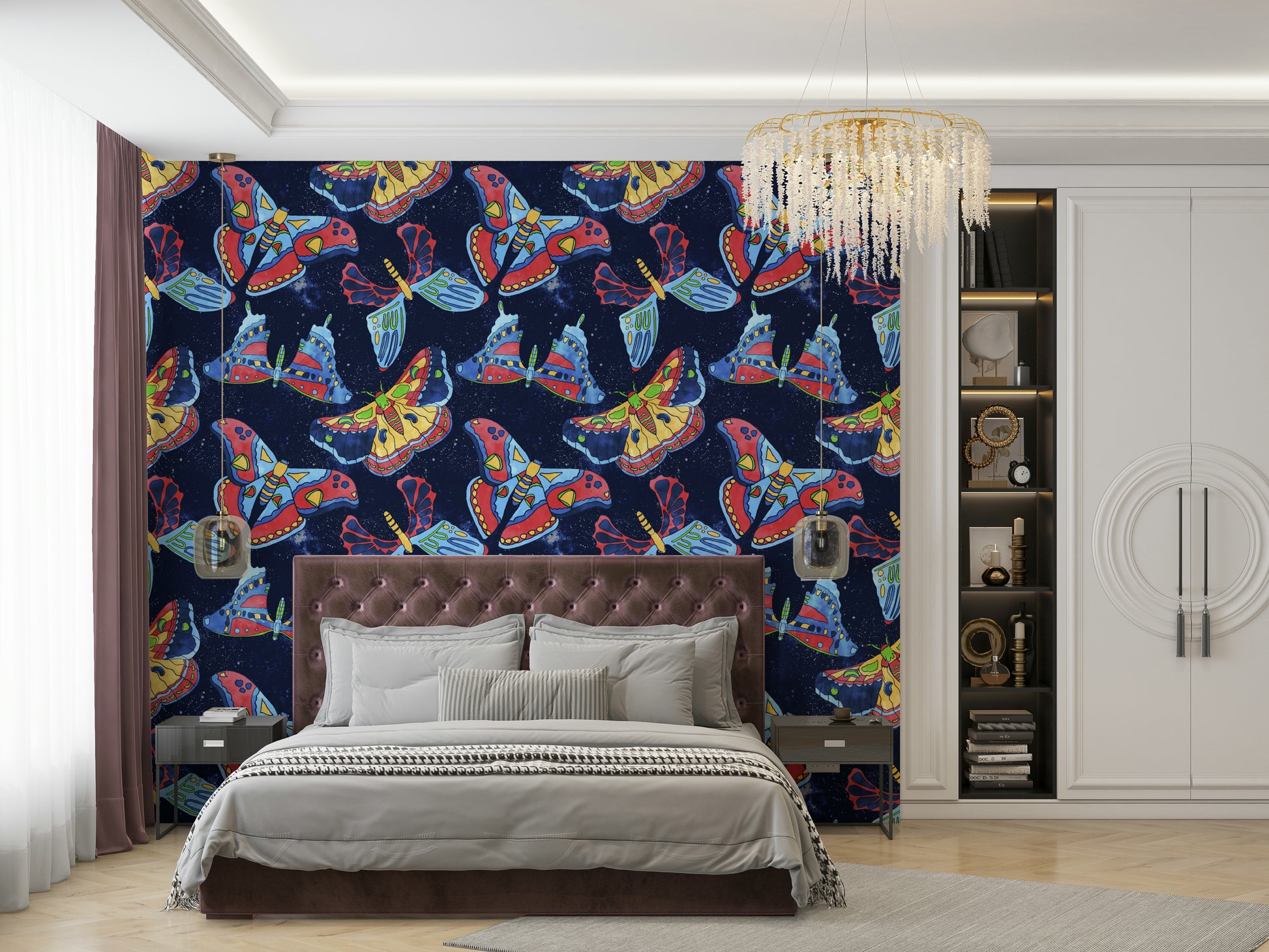 Bedroom with mystical moth wallpaper design


