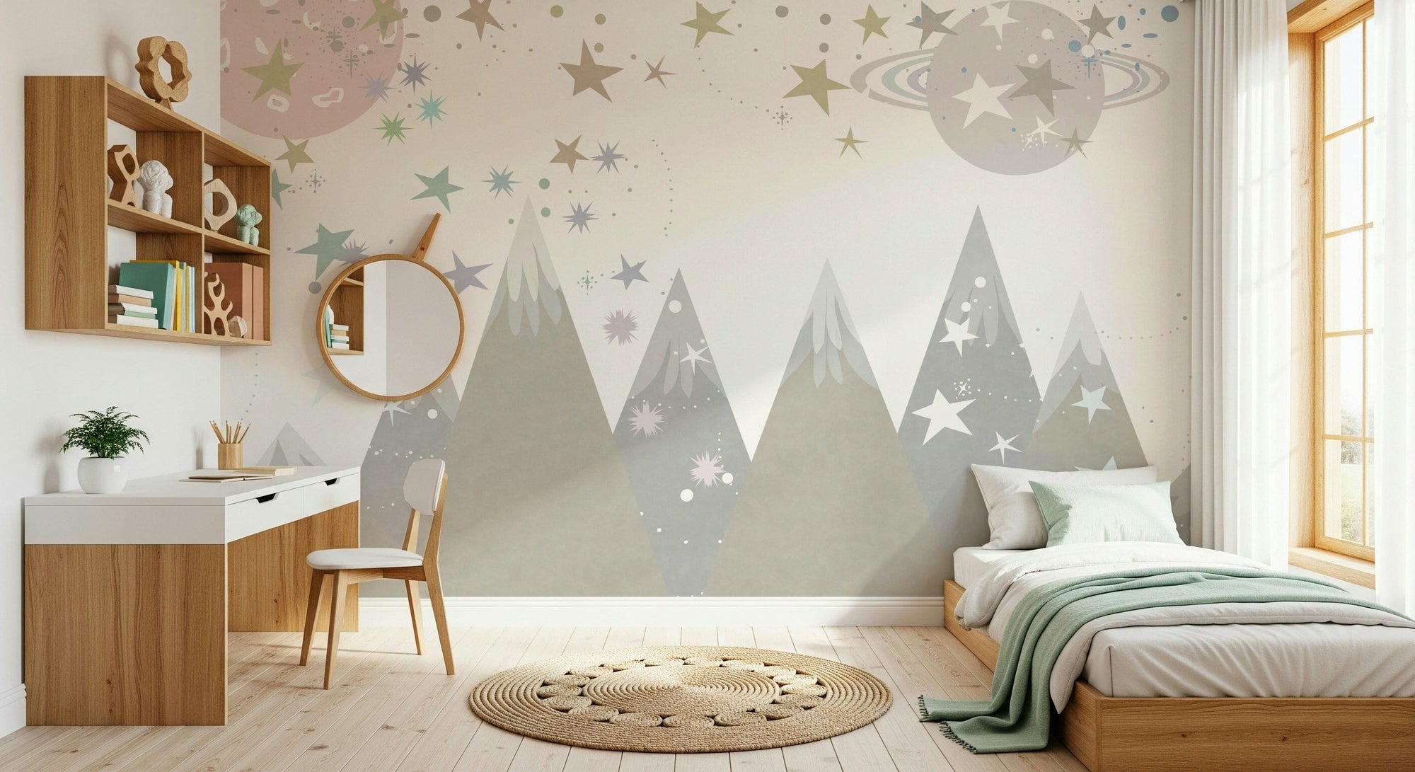 Cosmic Peaks wallpaper mural of pastel star-dusted mountains and planets in a kids room with wood desk, round mirror and bed