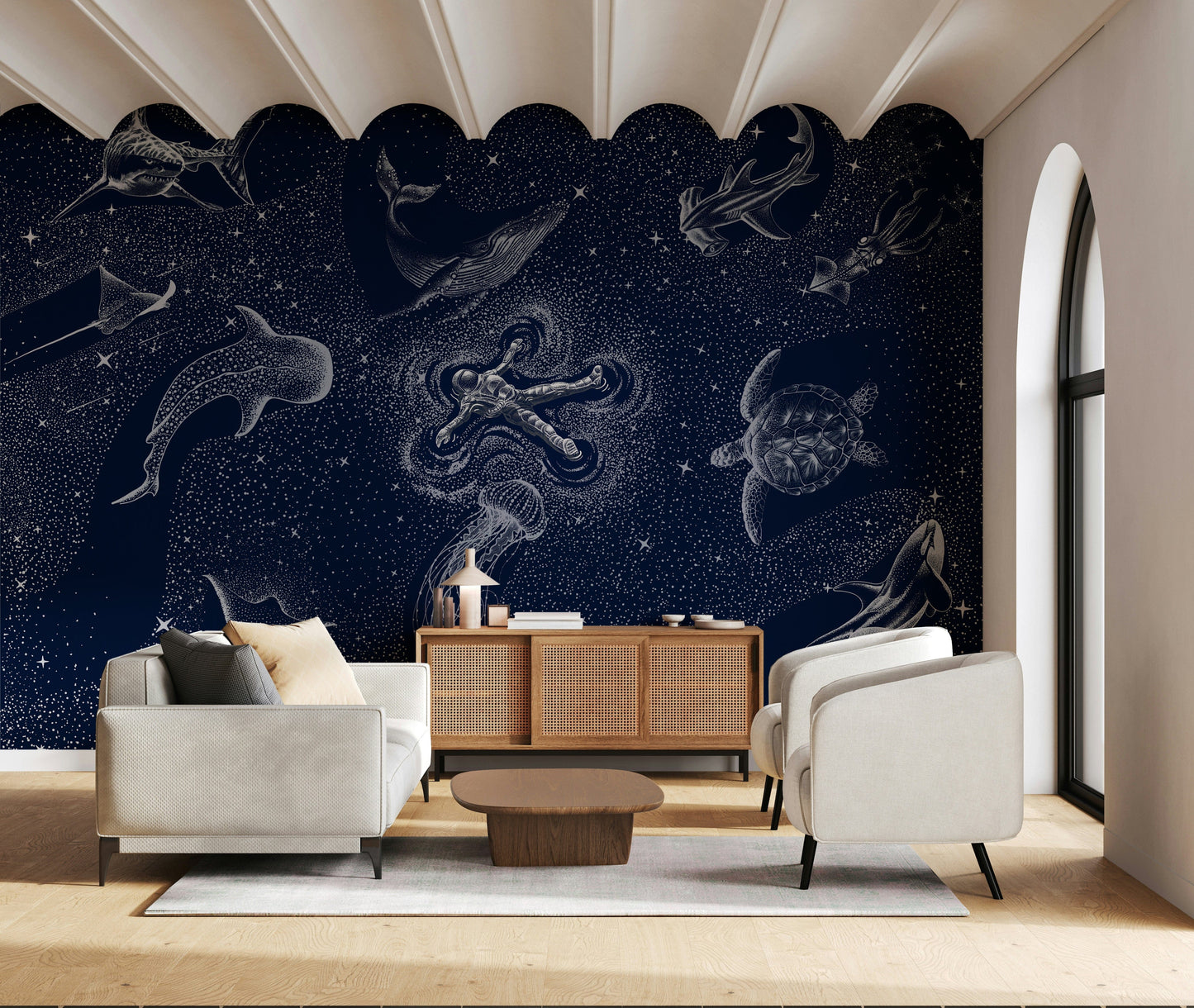 A contemplative dark water wallpaper mural for a feature wall.