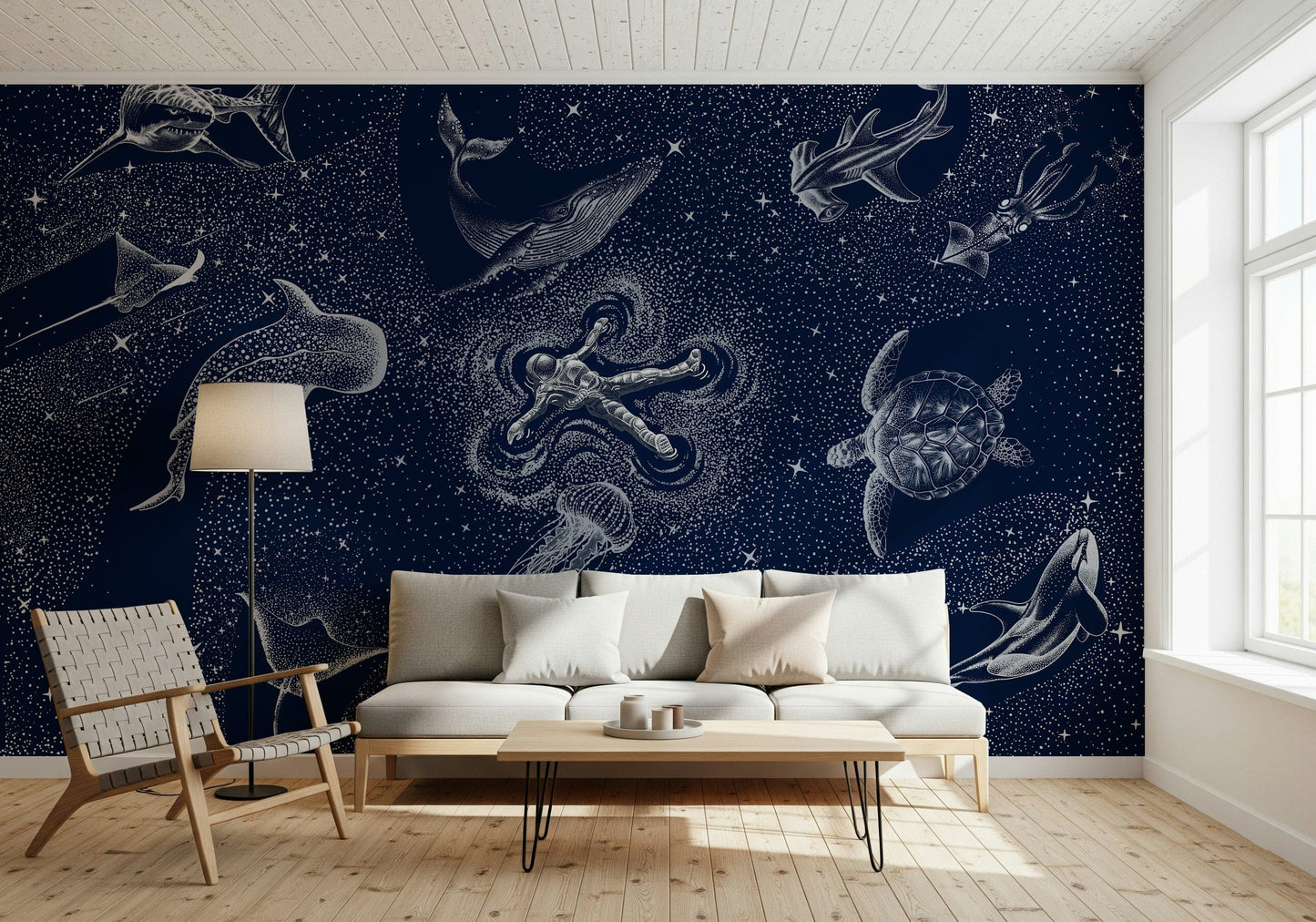 An artistic fluid pattern mural on minimalist wallpaper.
