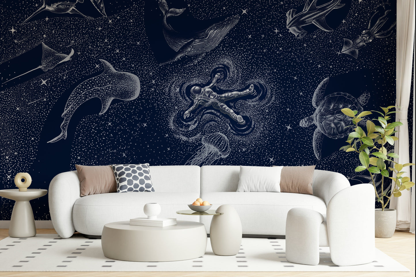 A beautiful abstract ocean wallpaper mural with cosmic light and stars.