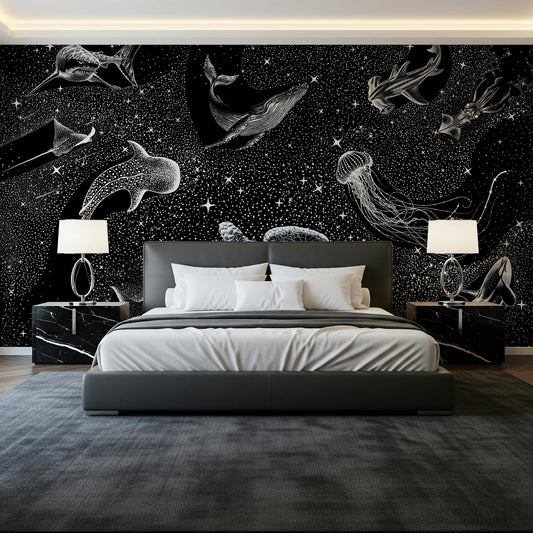 A peaceful open universe mural on decorative wallpaper.