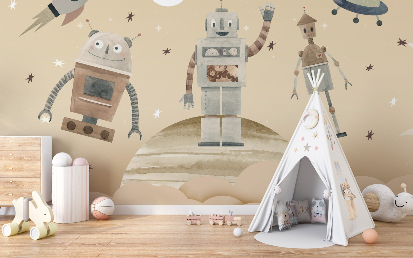 Cosmic Robots wallpaper mural in beige with robots behind a white teepee and toys in a kids room