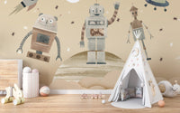 Cosmic Robots wallpaper mural in beige with robots behind a white teepee and toys in a kids room
