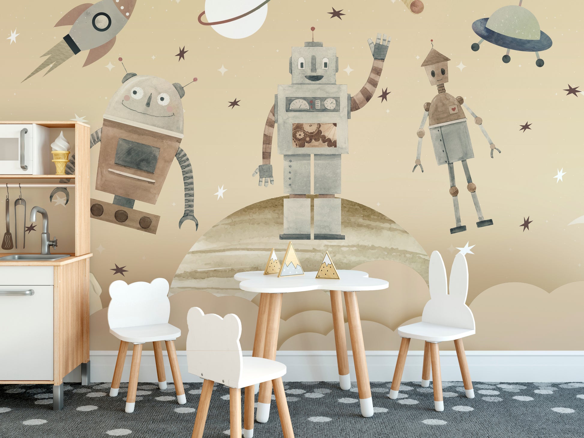 Cosmic Robots wallpaper mural with robots and UFO in a kids playroom with toy kitchen and cloud table
