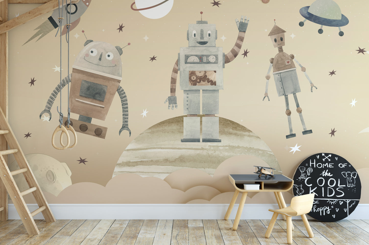 Cosmic Robots wallpaper mural with robots beside a loft bed ladder and chalkboard in a kids room