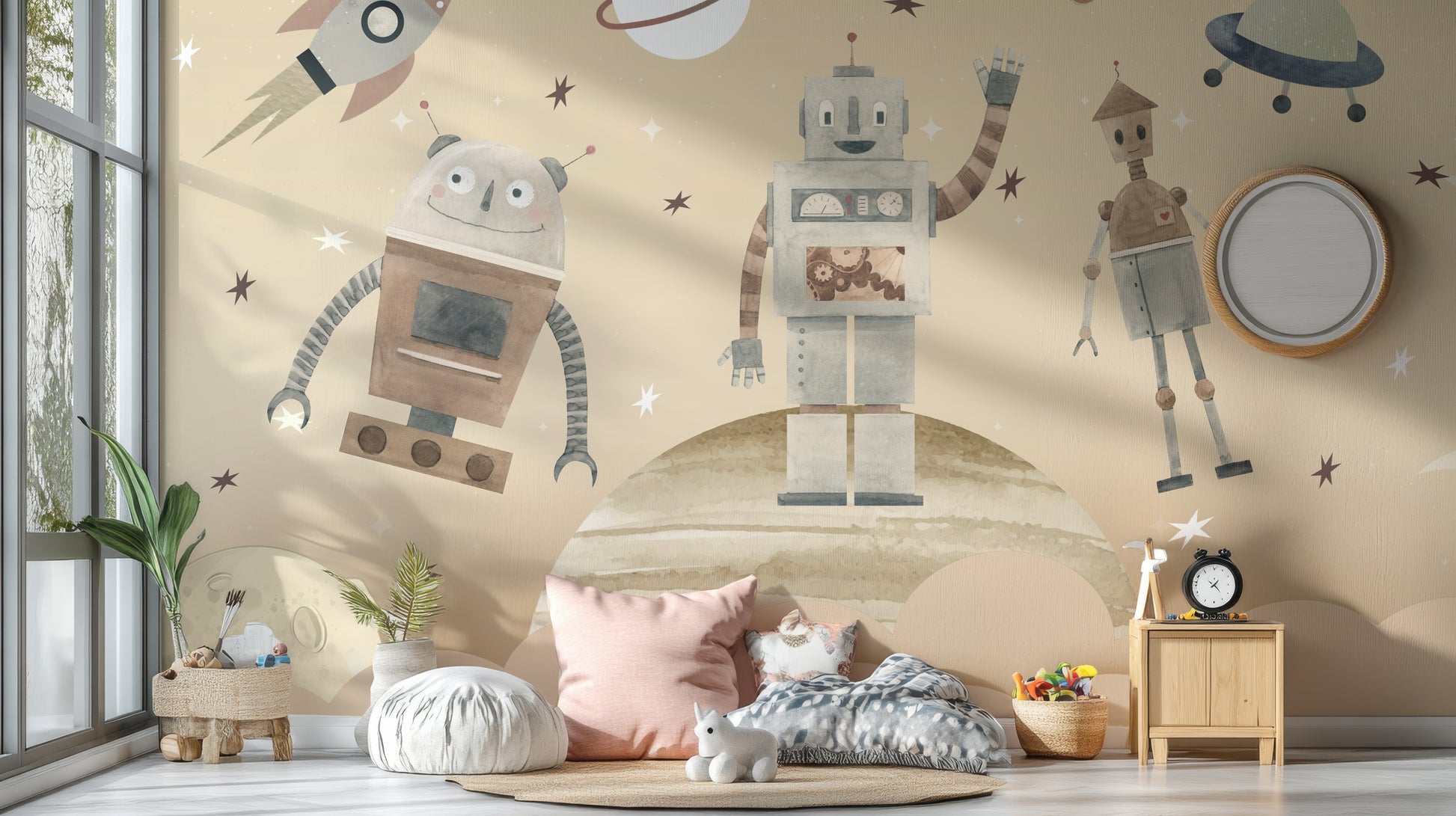 Cosmic Robots wallpaper mural with robots and rocket on sand sky above pink floor cushions in a kids room