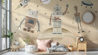 Cosmic Robots wallpaper mural with robots and rocket on sand sky above pink floor cushions in a kids room