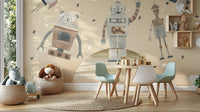 Cosmic Robots wallpaper mural in beige with cute robots above a round kids table and mint chairs