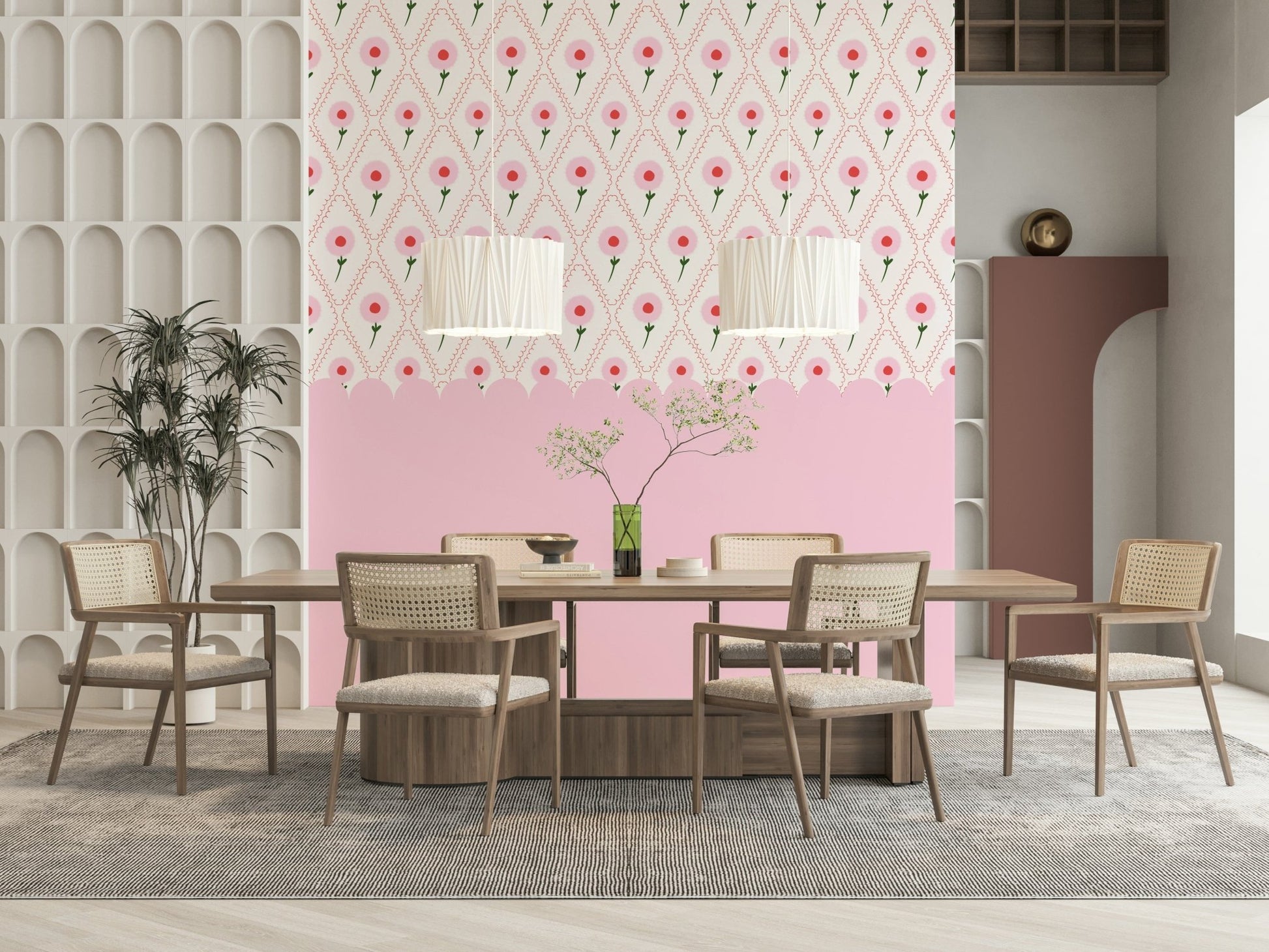 Modern hallway styling using a large botanical mural in soft colors.