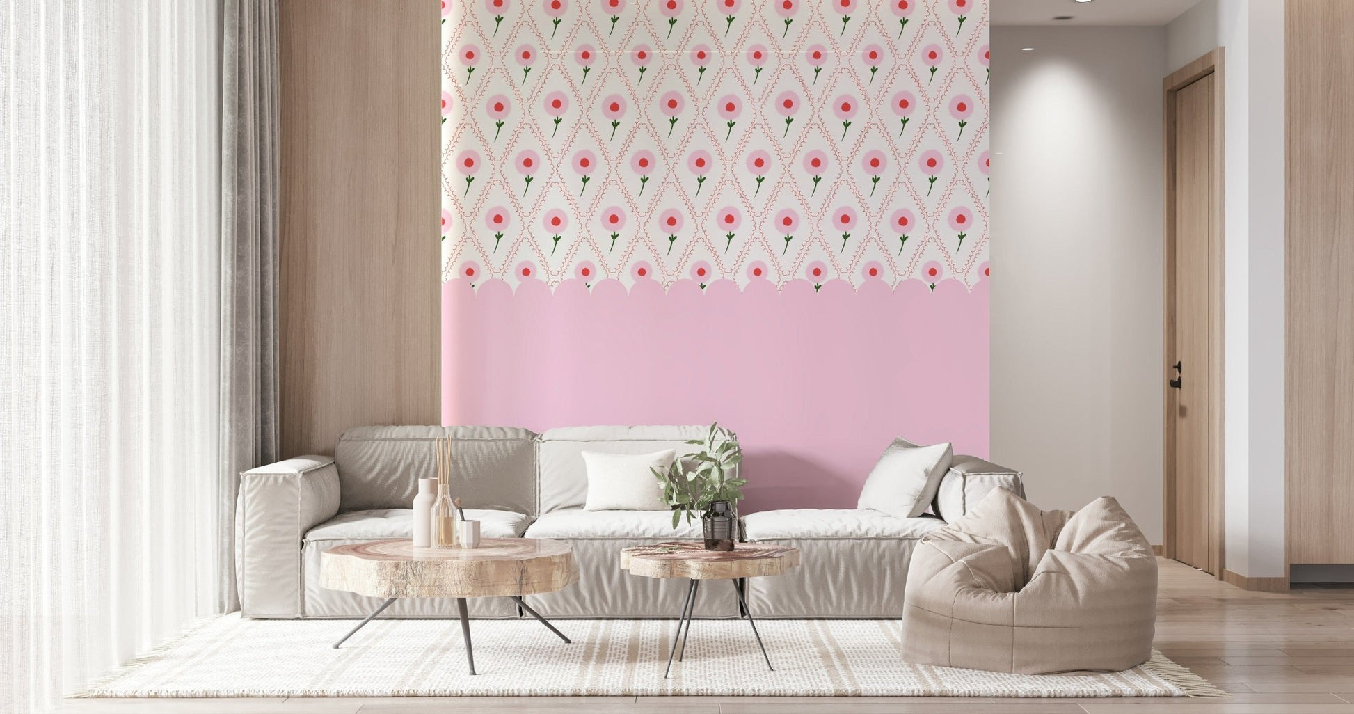 Nursery wall decor with vintage rose designs and light wood accents.