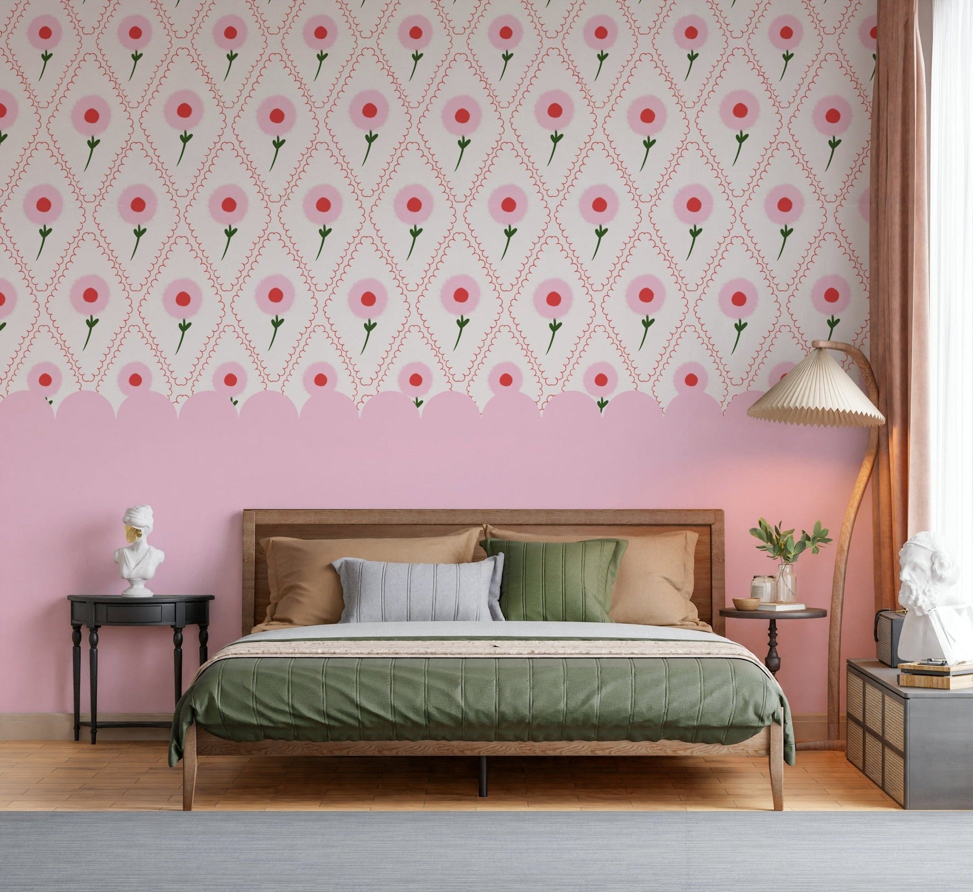 Minimalist office space featuring a soft rose mural for a calm backdrop.