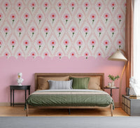 Minimalist office space featuring a soft rose mural for a calm backdrop.