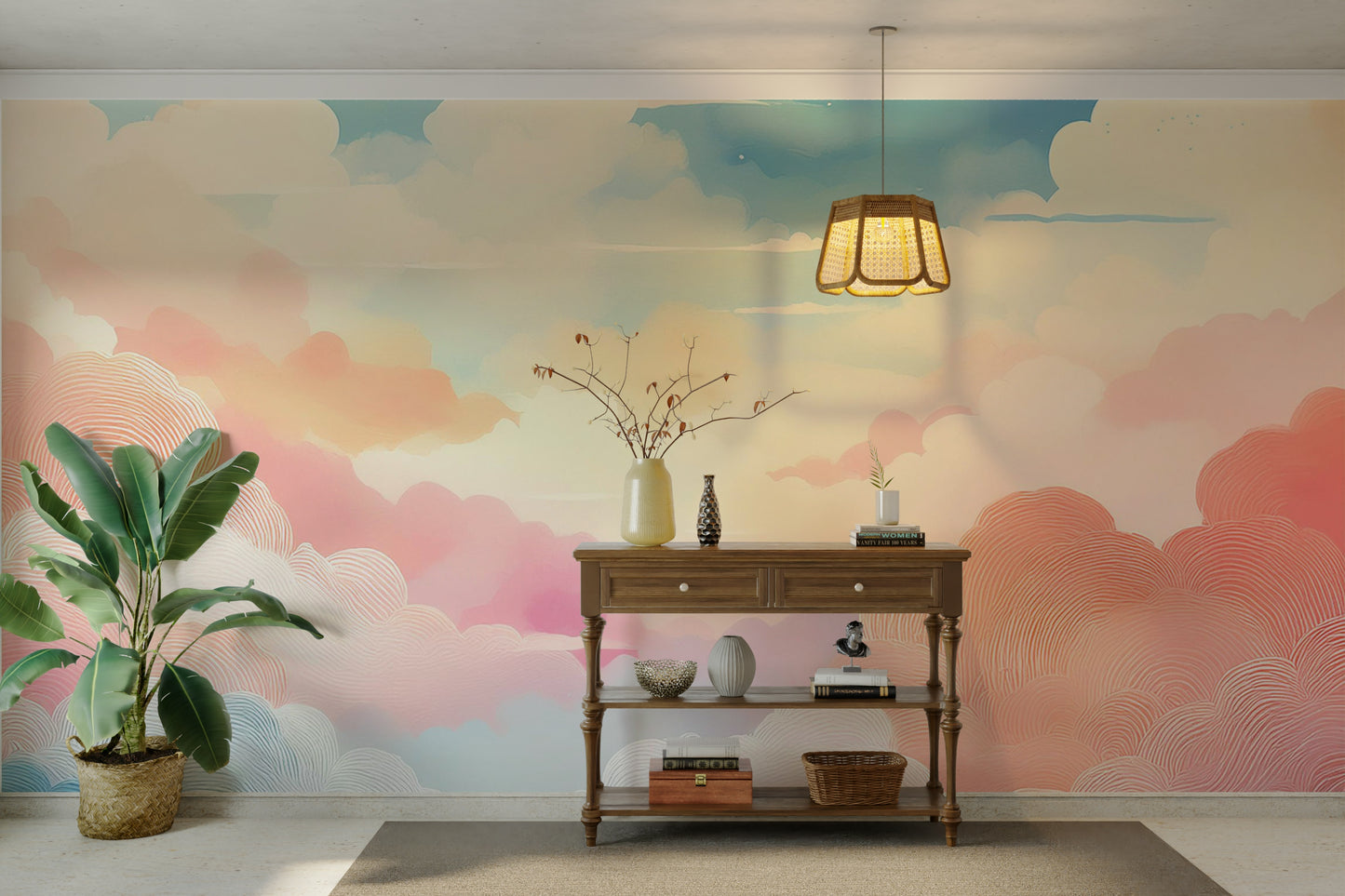 Subtle sunset colors in a cloud mural for a relaxing yoga room.