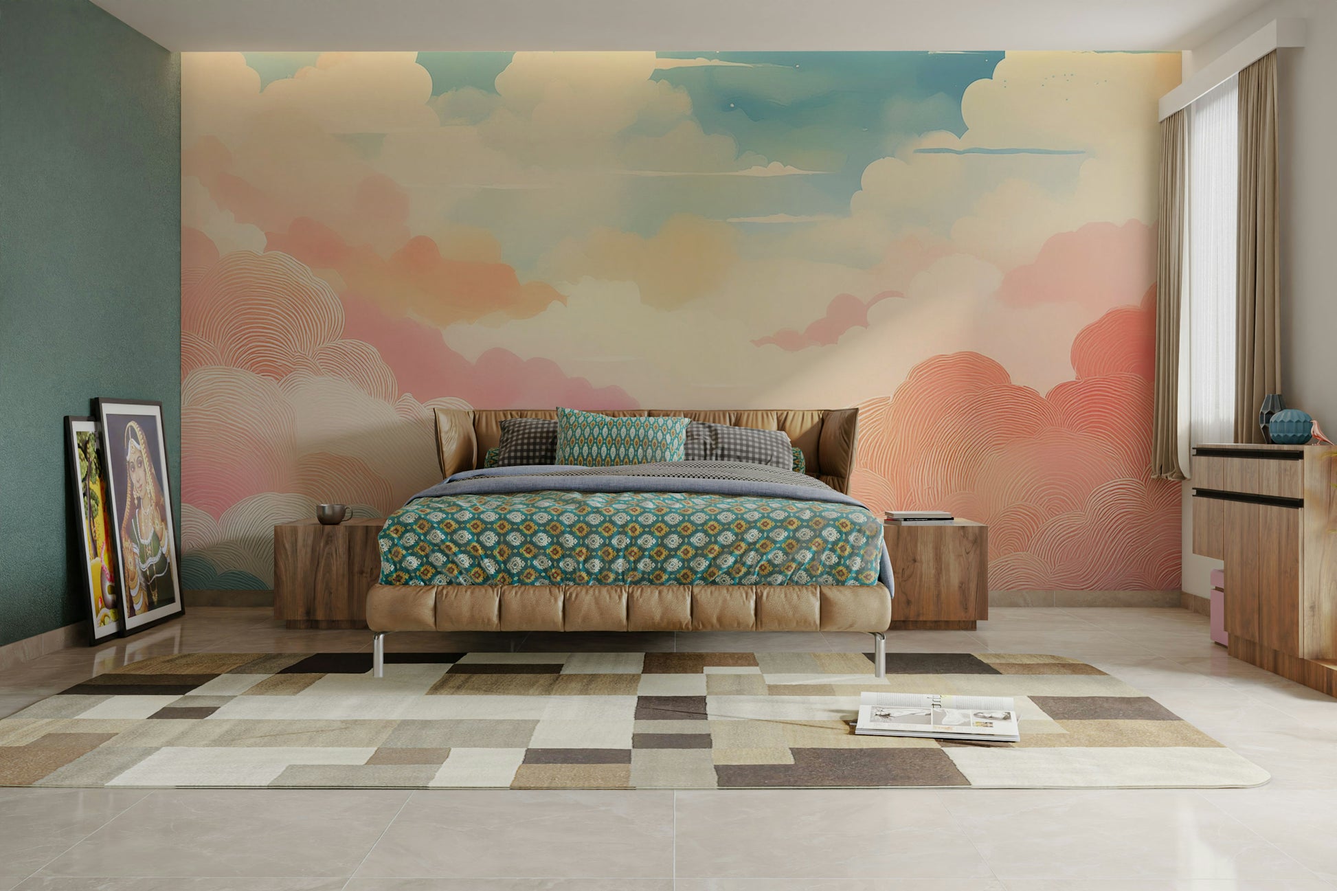 Pastel sky wallpaper design for a minimalist master bedroom feature wall.