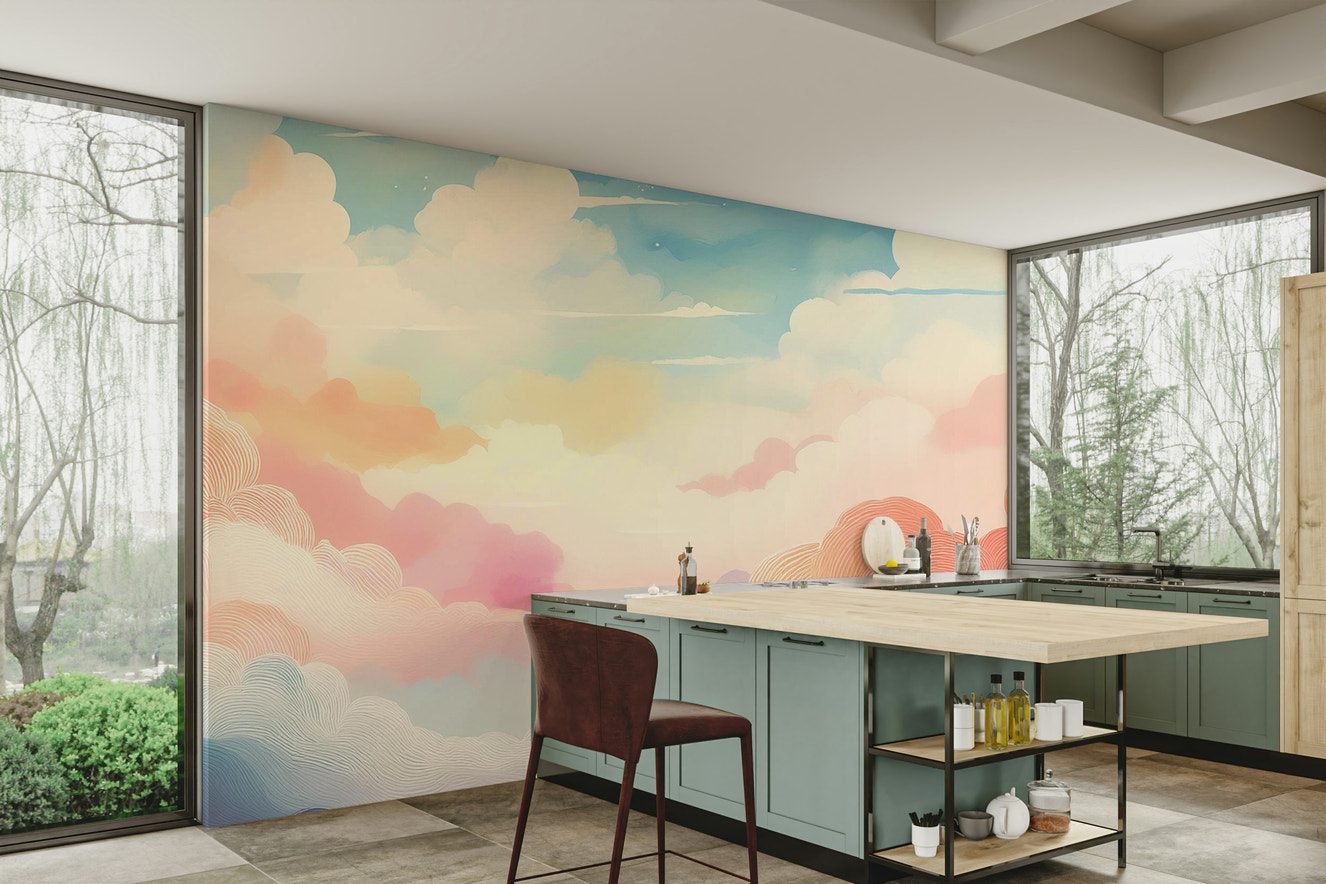 Dreamy cotton candy clouds wall mural behind a white sofa in a bright apartment.