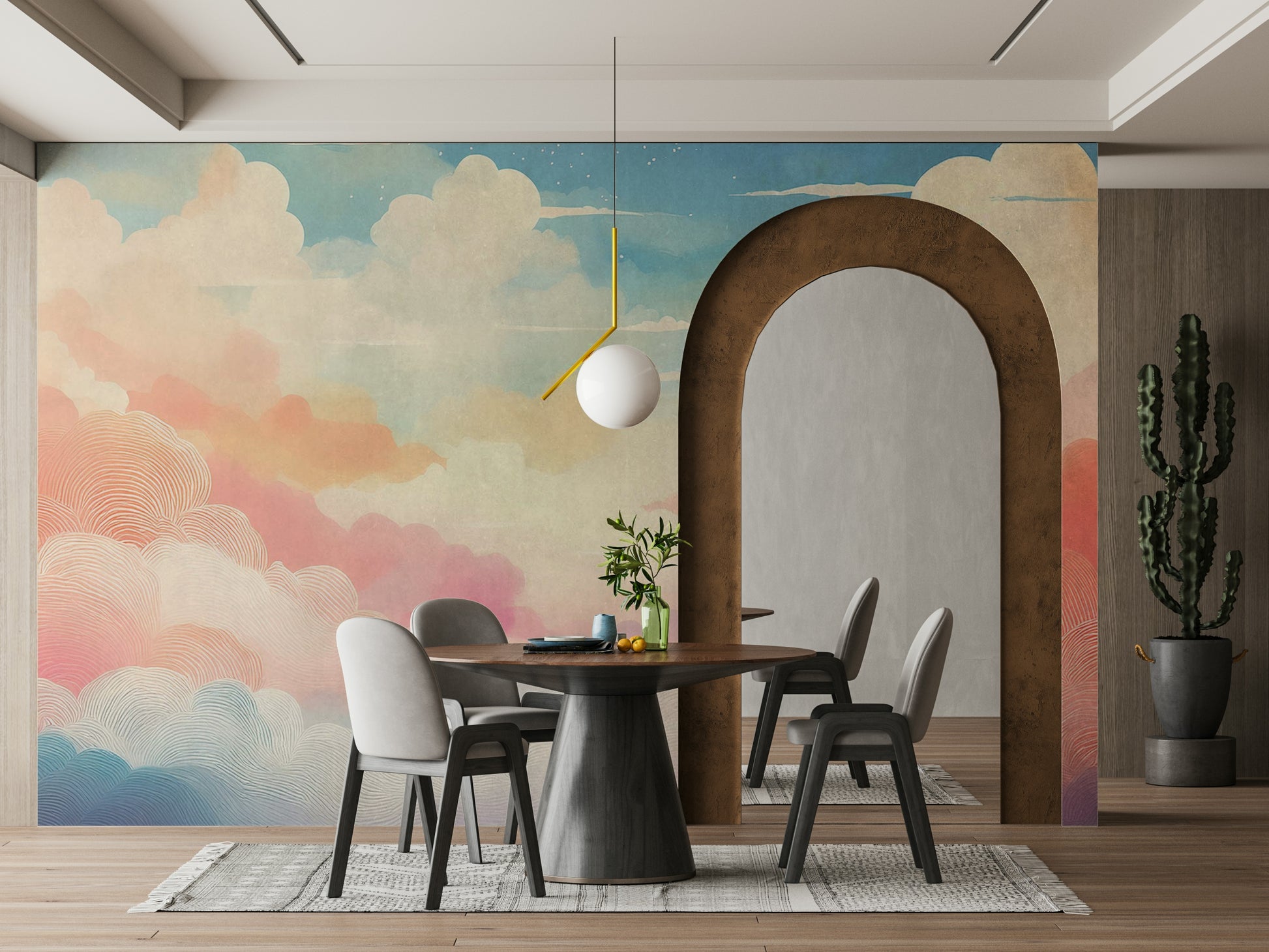 Cotton candy clouds wall mural as a backdrop for a teen bedroom desk.