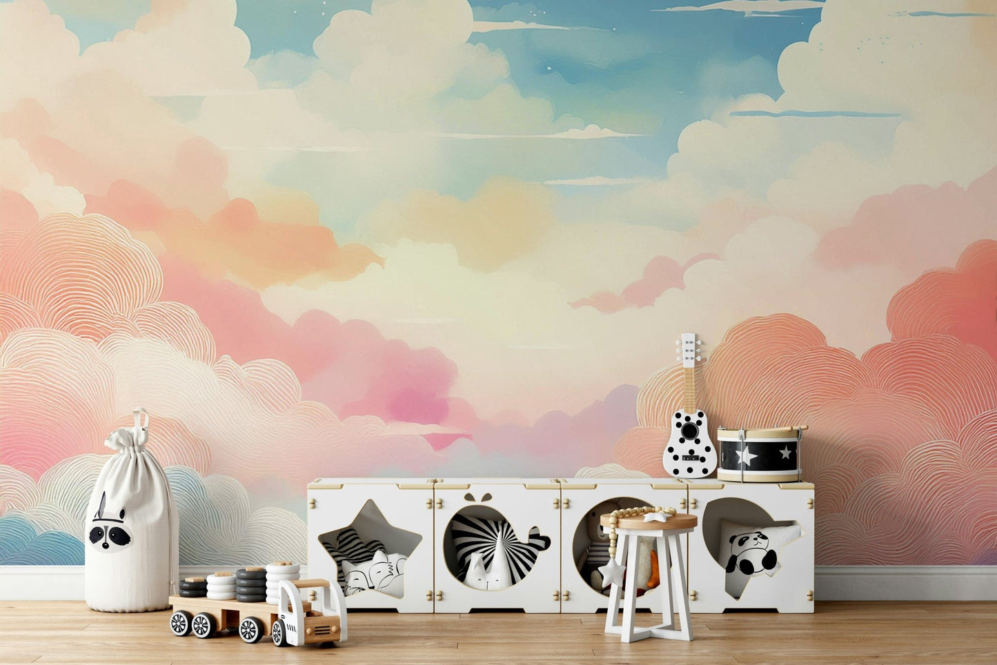 Cotton candy sky mural for a dreamy, tranquil atmosphere

