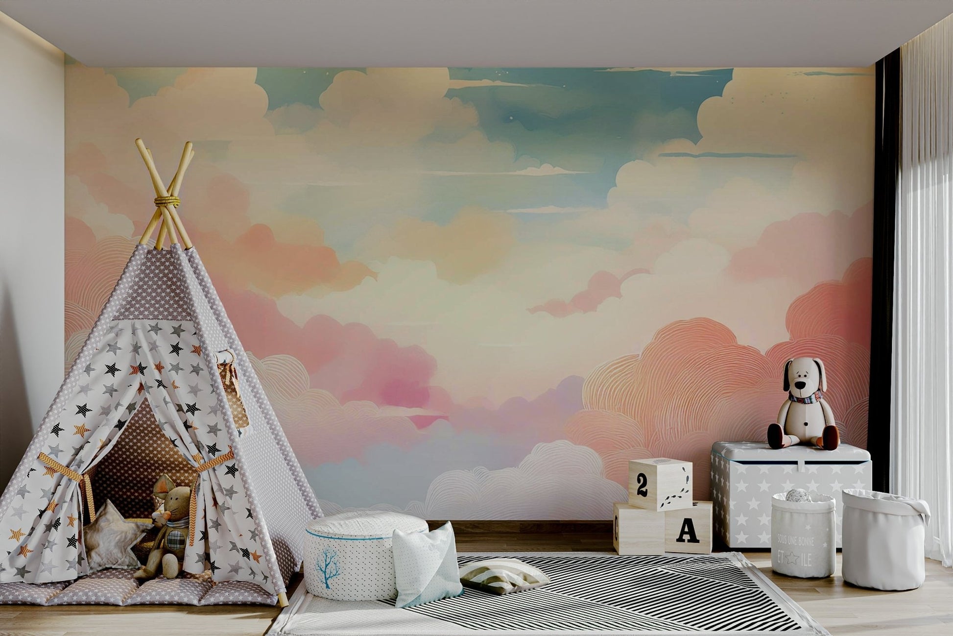 Soft cloudscape mural with cotton candy tones

