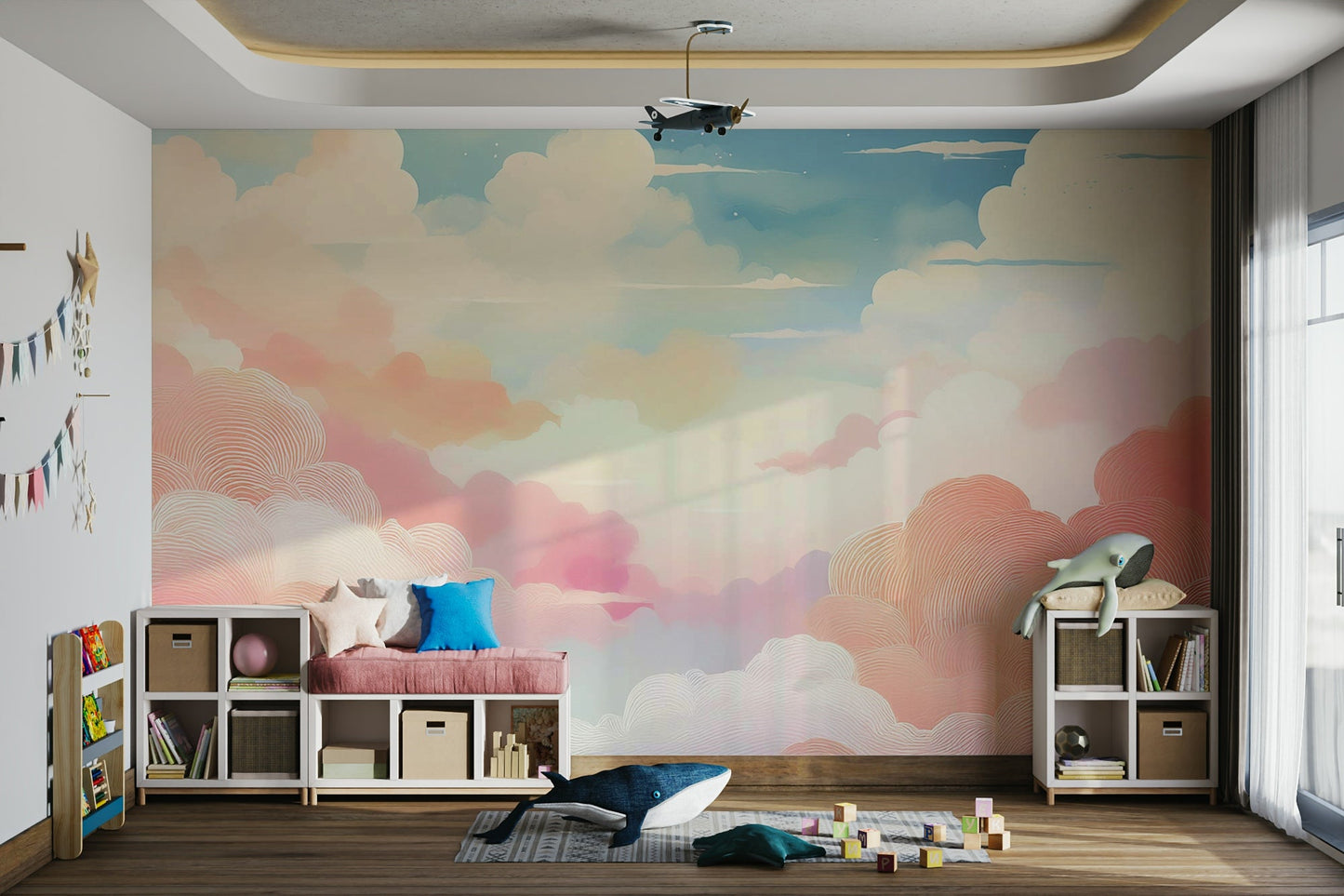 Peaceful cloud mural in soft pink, lavender, and blue

