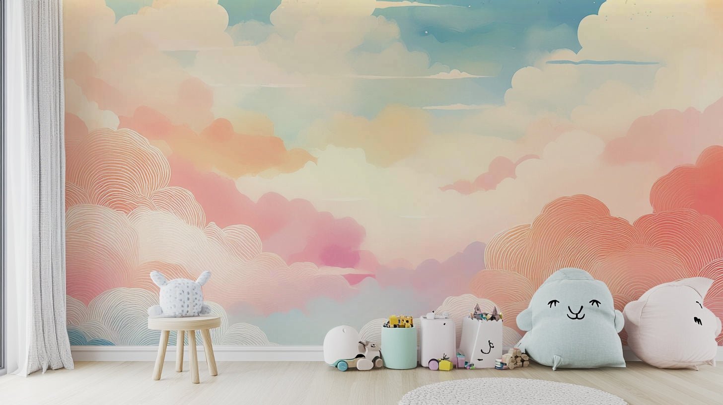 Pastel cloud mural with cotton candy hues and sky

