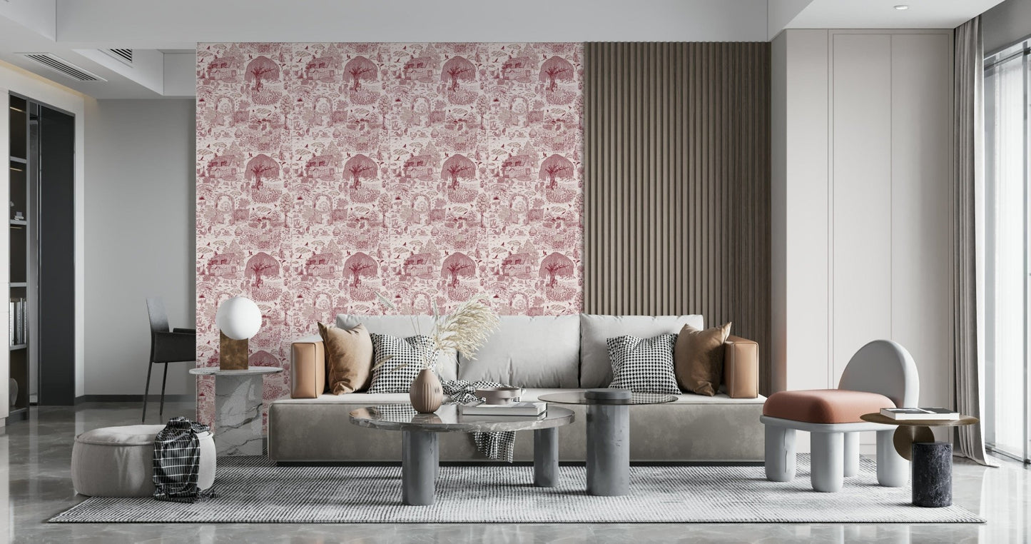 Delightful Country Charm Toile, picturesque landscape mural.