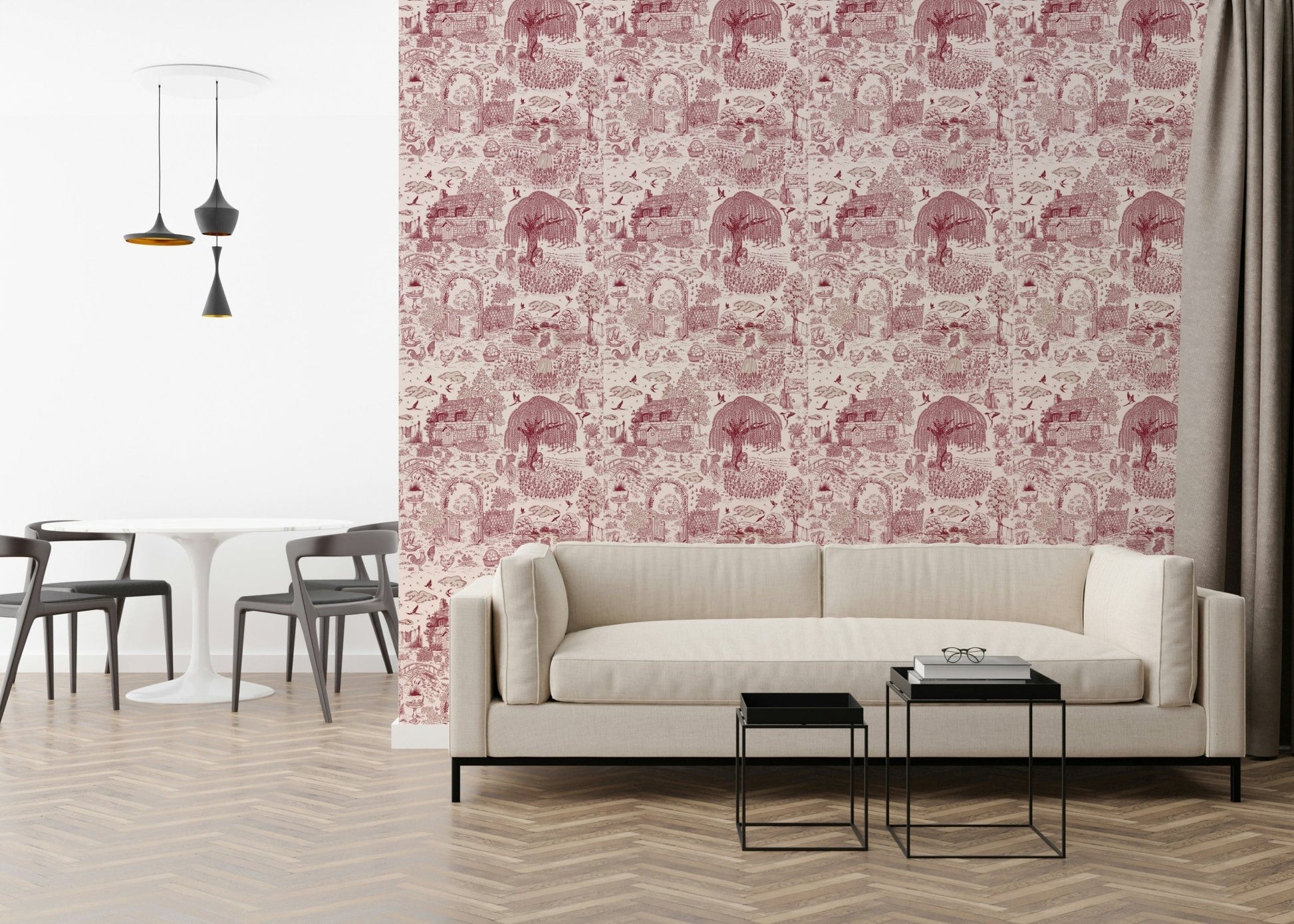 Gracious Country Charm Toile mural, vibrant imagery.