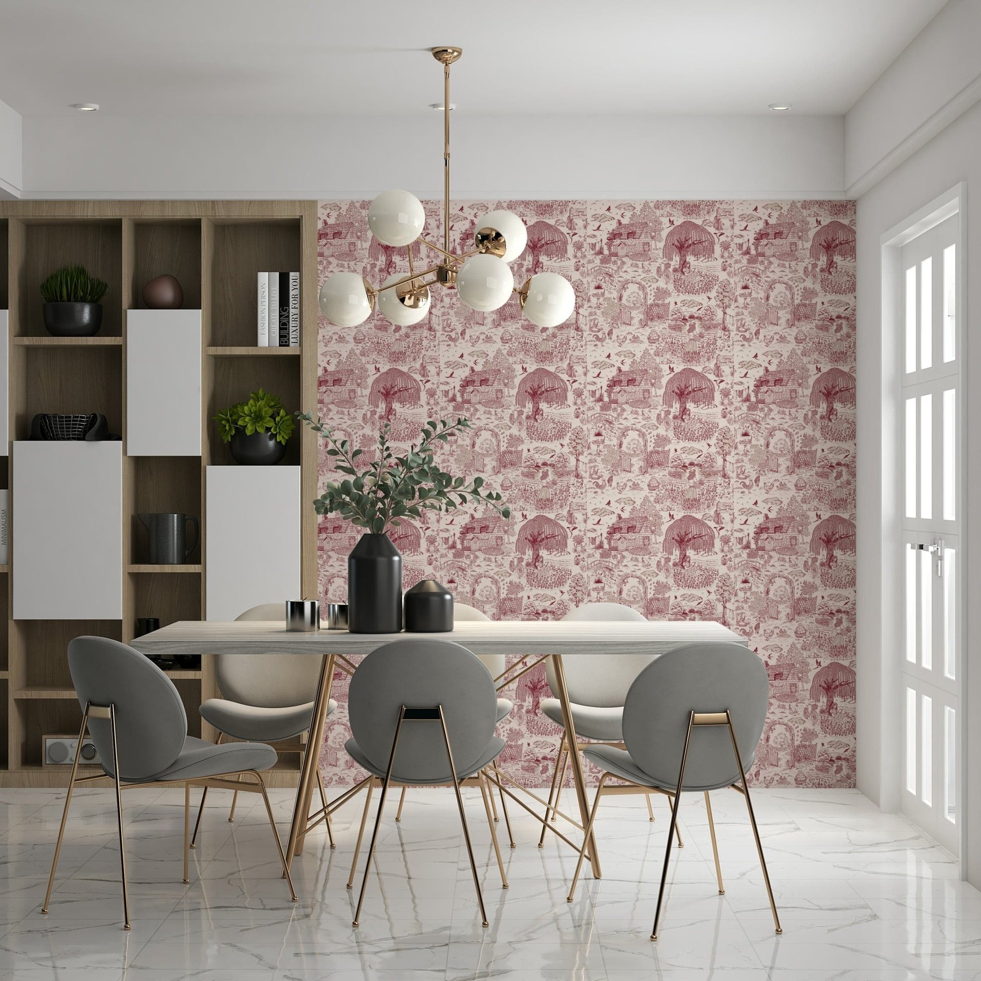 Classic Toile wallpaper, charming farmyard sketch, Country Charm.