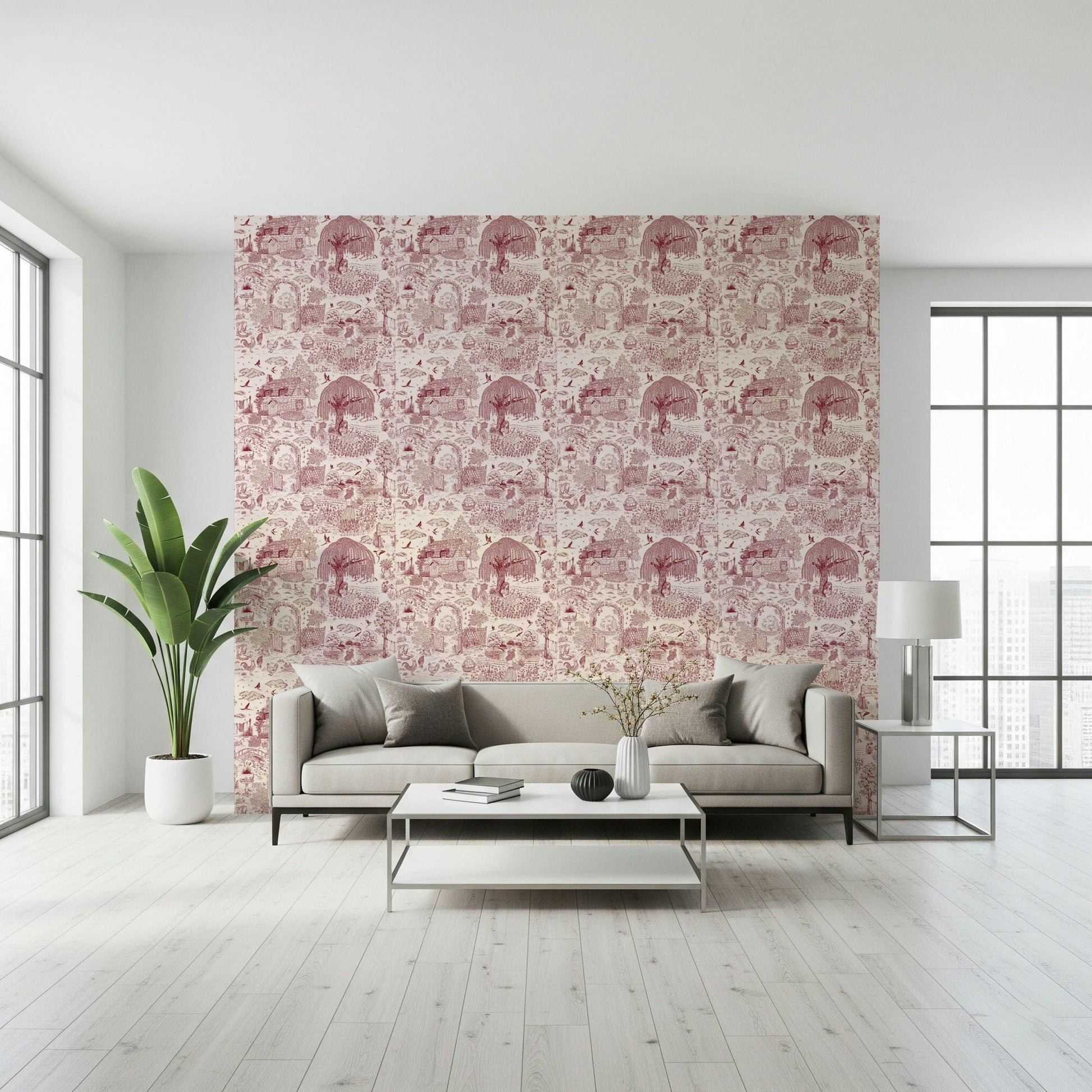 Country Charm Toile wall mural, vintage sketch of garden life.
