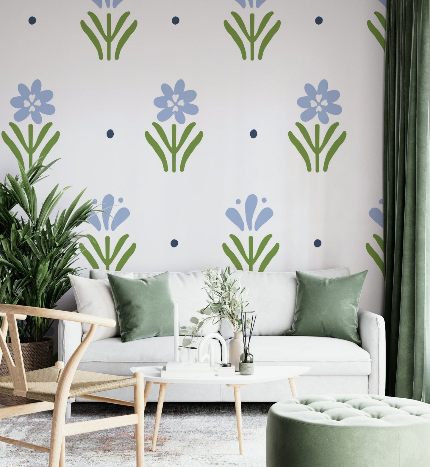 Classic country cottage blue floral wallpaper for a cozy space.

