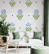 Classic country cottage blue floral wallpaper for a cozy space.


