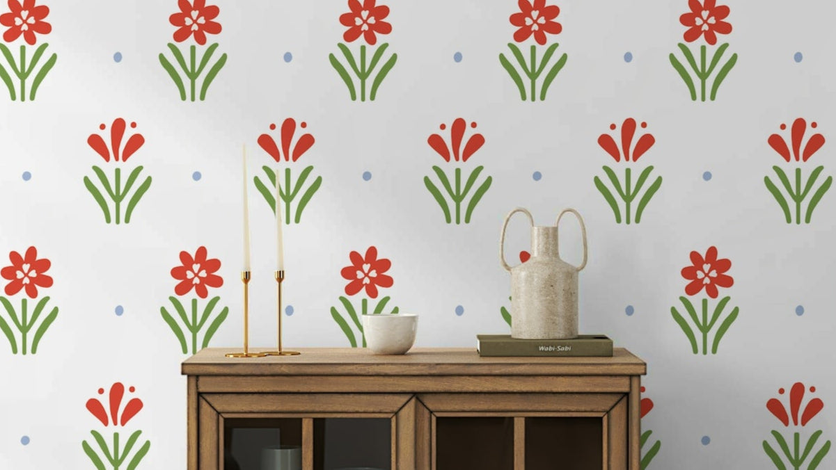 Red flower print wallpaper with green stems

