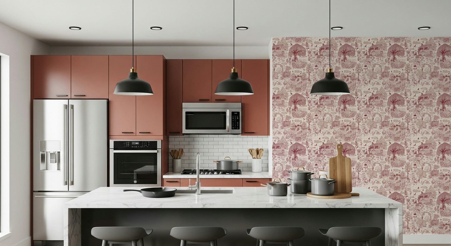 Pastoral Toile wallpaper, serene life, Country Charm.