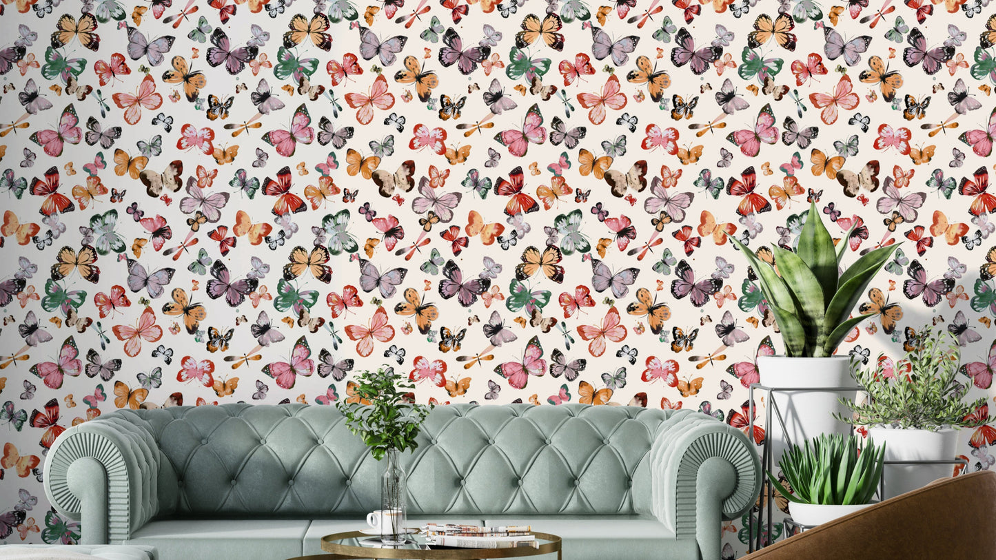 Flying butterflies countryside wallpaper in bright colors

