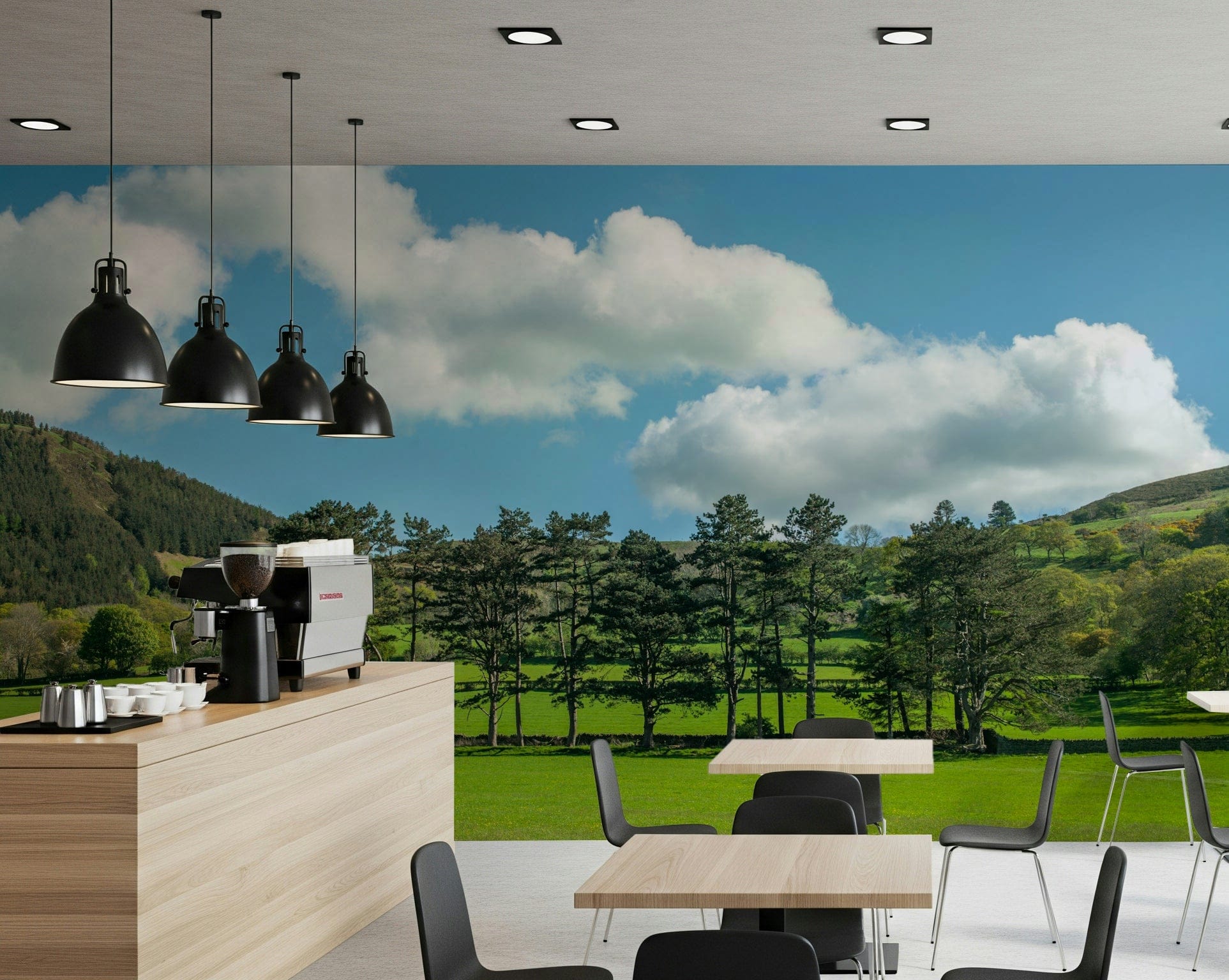 Countryside Meadow wallpaper mural of green hills and trees under blue sky in a cafe with an espresso counter and pendants