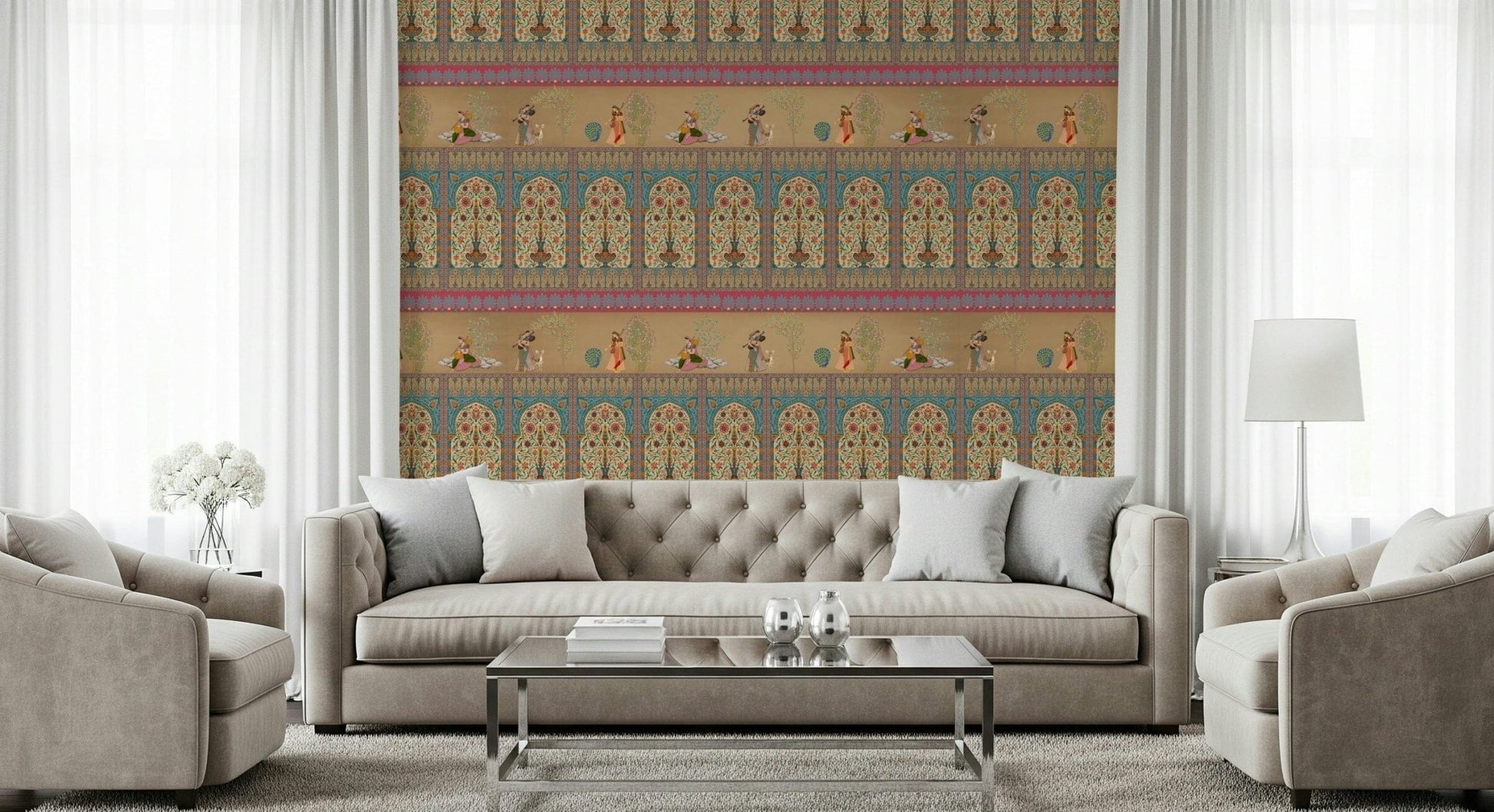 Large scale vintage wall covering for an upscale guest suite renovation.