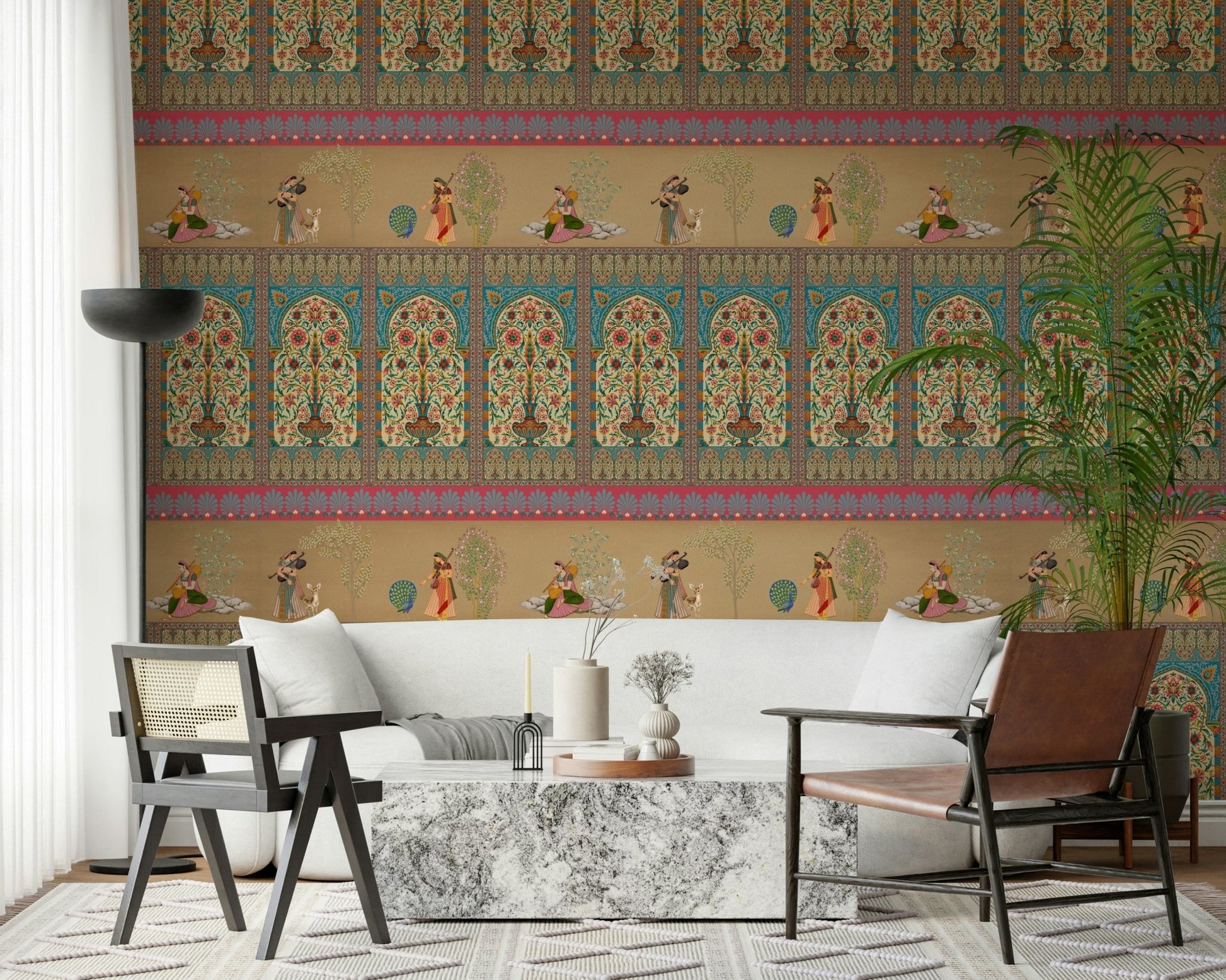 Formal dining room with a grand courtly scene feature wall and molding.