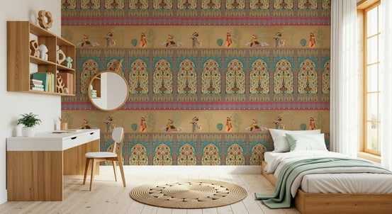 Courtly Serenade Wall Mural in a luxury living room with gold accents.
