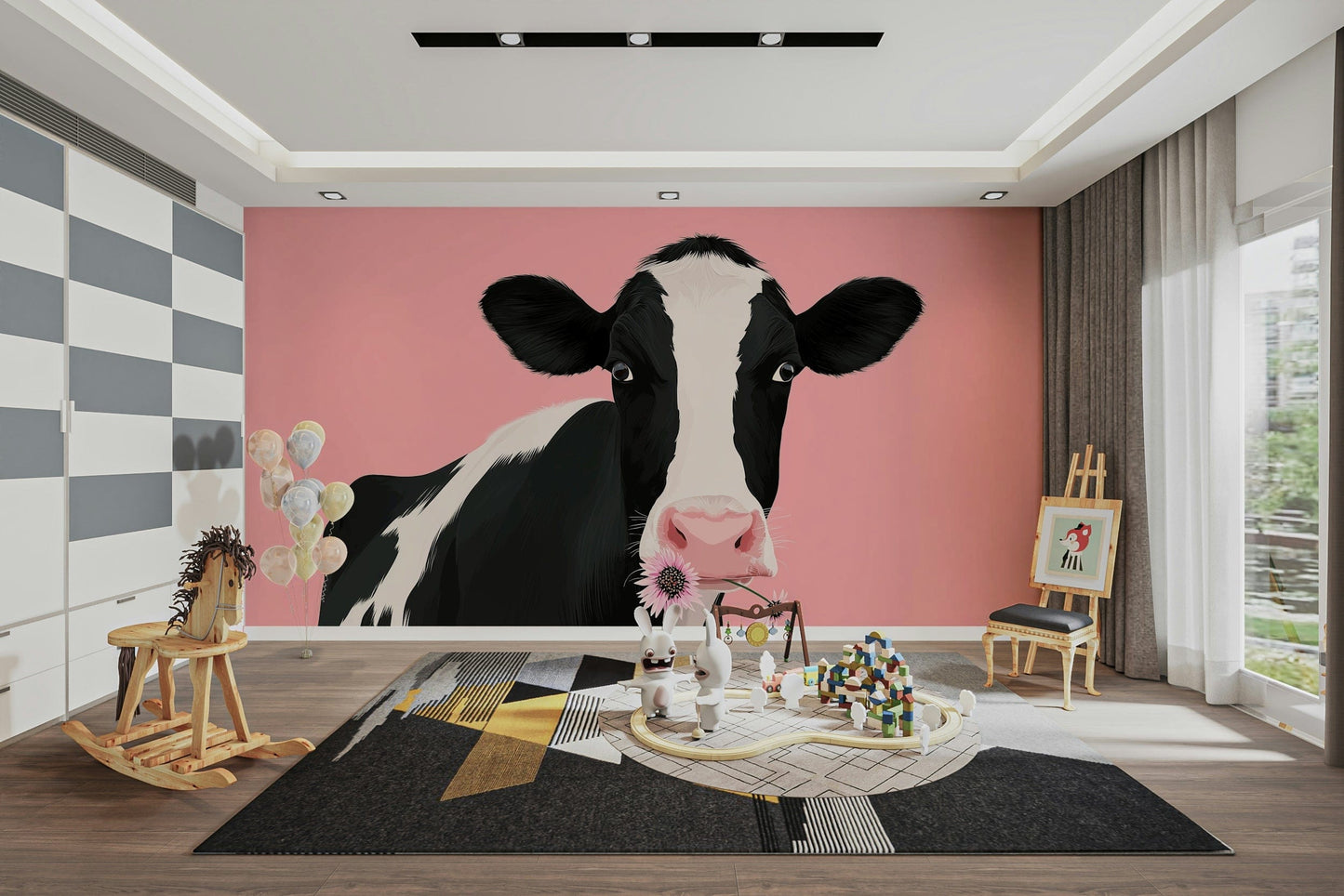 An interior view showing a wall decorated with a Cow with Blossom Charm Wall Mural.