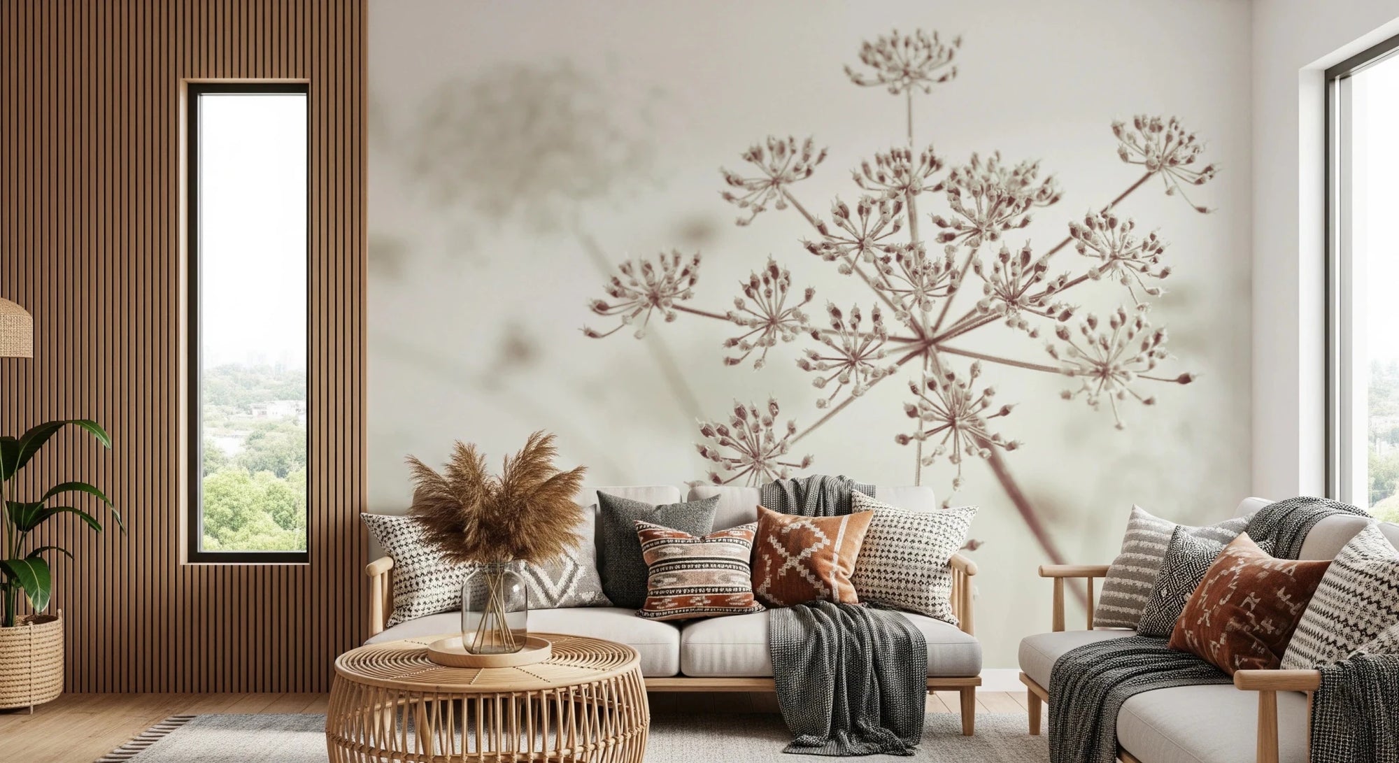 Cow Parsley Sepia mural of sepia seed heads above a cream sofa with rust cushions by a wood slat wall