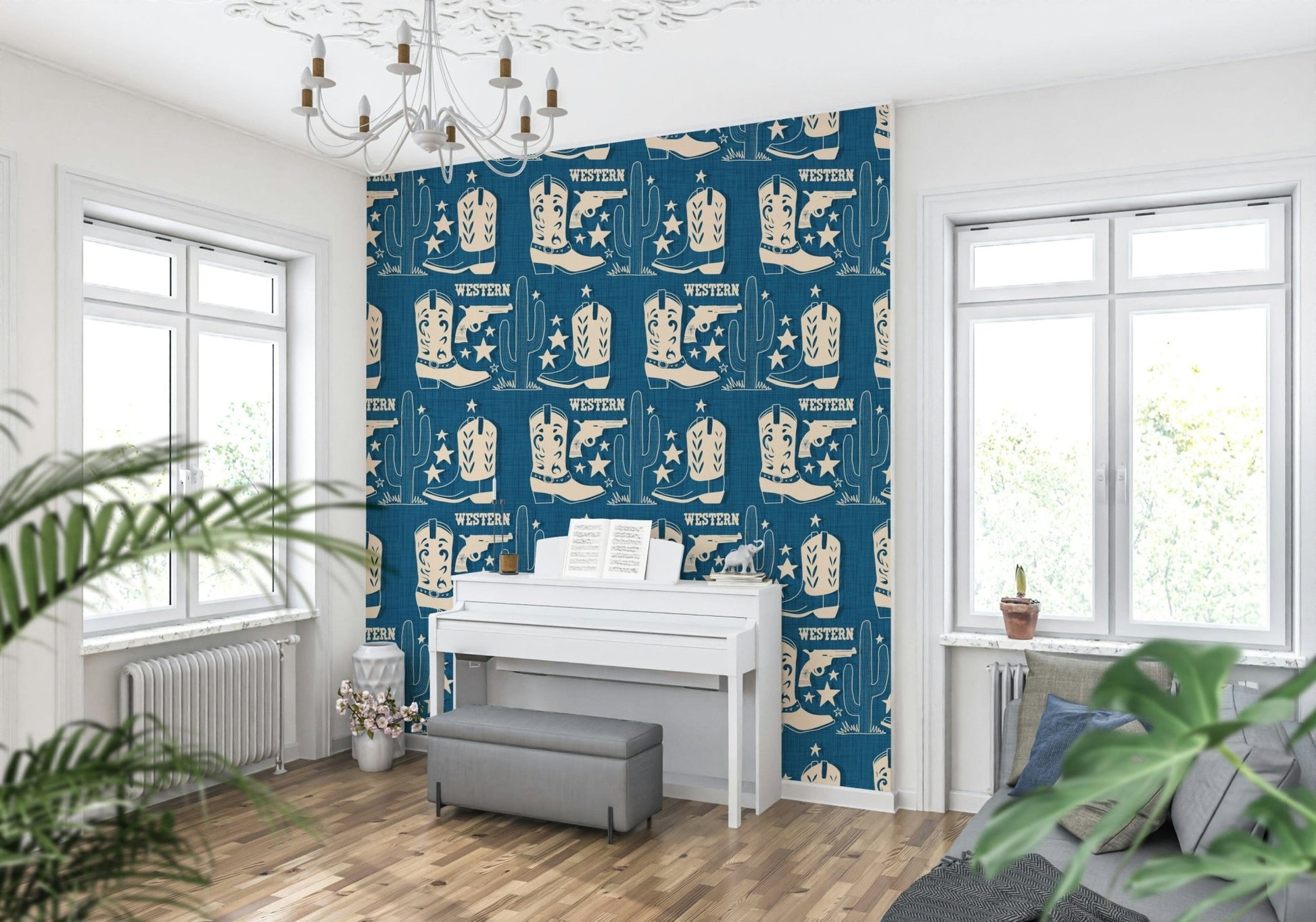 Rustic Western wallpaper showcasing cowboy imagery including boots, guns, and desert motifs.
